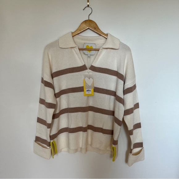 Kerri Rosenthal Syd Cashmere Blend Collared Striped Pullover Sweater Cream Tan - Picture 2 of 7